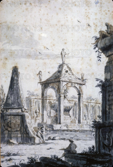 Architectural Capriccio of an Antique Cemetery with Three Tombs, between 1767 and 1772. Creator: Giovanni Francesco Costa.