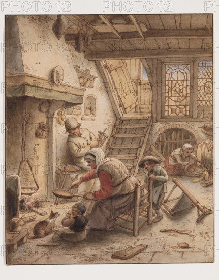 Woman Frying Pancakes, 18th century. Creator: After Adriaen van Ostade (1610-1685).