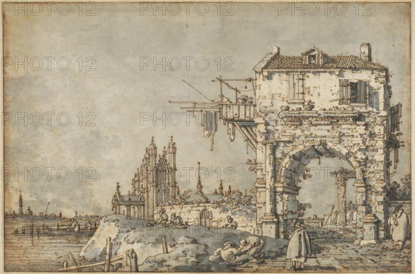 An Imaginary View with a Triumphal Arch, c1755. Creator: Canaletto.