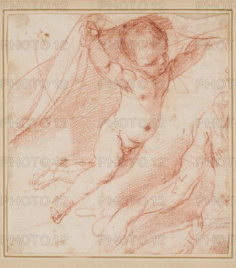 Flying Putto and the Arm of a Man, between 1640 and 1649. Creator: Guercino.