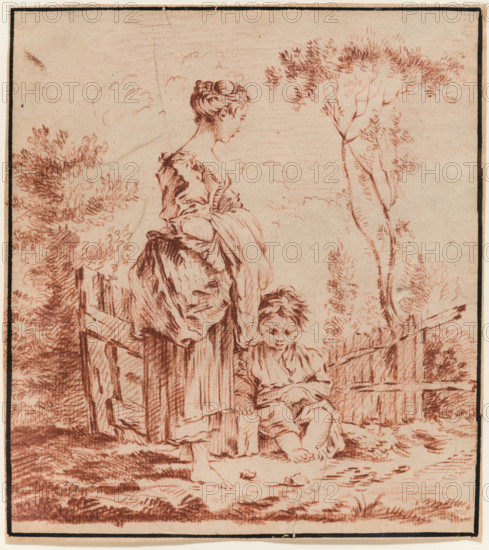 Young Woman Standing with a Seated Child, 18th century. Creator: Unknown French; After François Boucher French, 1703-1770.