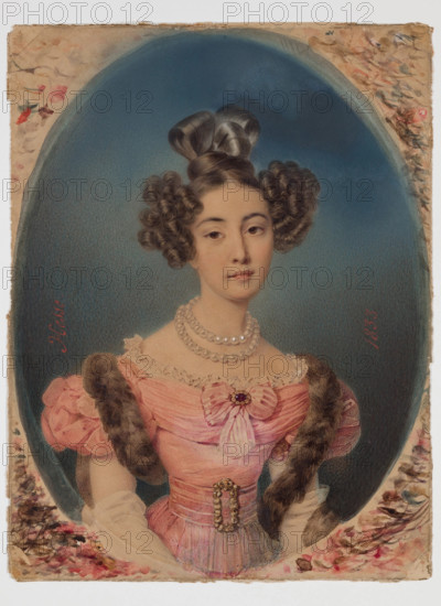 Young Lady in a Pink Dress and Fur Stole, 1833. Creator: Henri-Joseph Hesse.