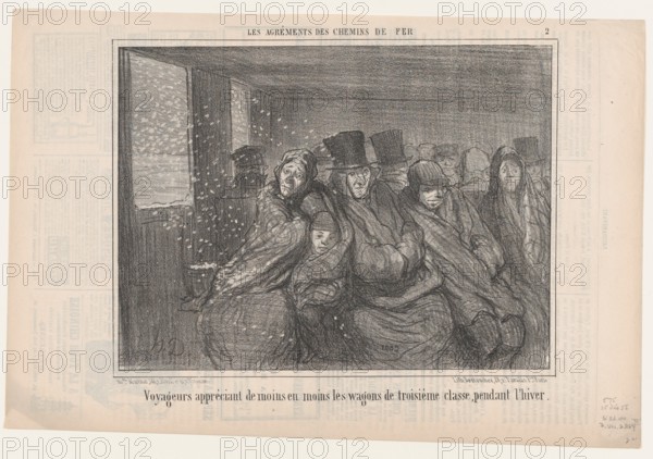 Voyageurs appréciant de moins en moins les wagons de troisième classe pendant l'hiver, 1856. Creator: Honore Daumier.