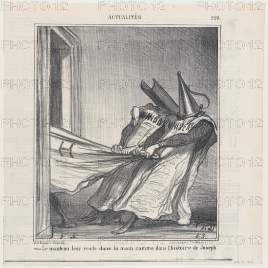 The cloak remains in their hands, like in the story of Joseph, from 'News of t..., October 14, 1869. Creator: Honore Daumier.