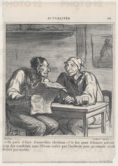 -They're talking about new elections. -Before I vote for a candidate, I want..., September 27, 1869. Creator: Honore Daumier.