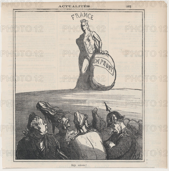 Already on her feet again!, from 'News of the day,' published in Le Charivari, Ju..., July 19, 1871. Creator: Honore Daumier.