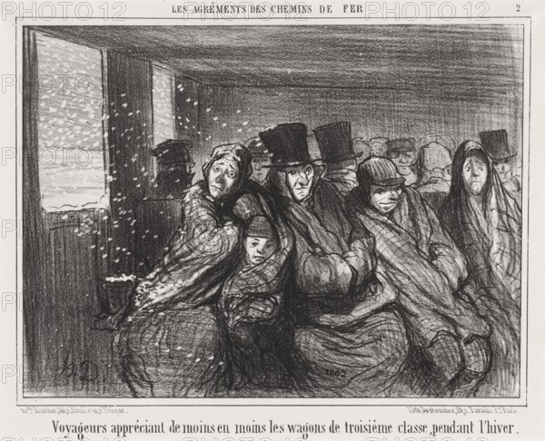 Voyageurs appréciant de moins en moins les wagons de troisième classe pendant l'hiver, 1856. Creator: Honore Daumier.