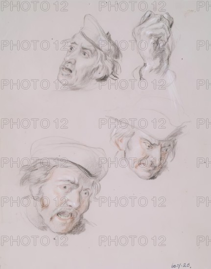 Studies of Three Male Heads and One Hand, 1825-1849. Creator: William Allan.