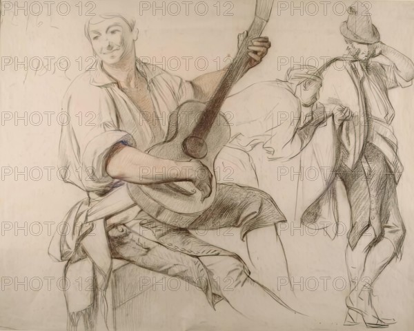 A Guitarist - Study for "Life Among the Gypsies" & verso Mother and Child-for…, 1852. Creator: John Phillip.