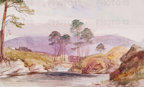 Landscape-Trees, Pond and Hills, c1840s. Creator: John Phillip.