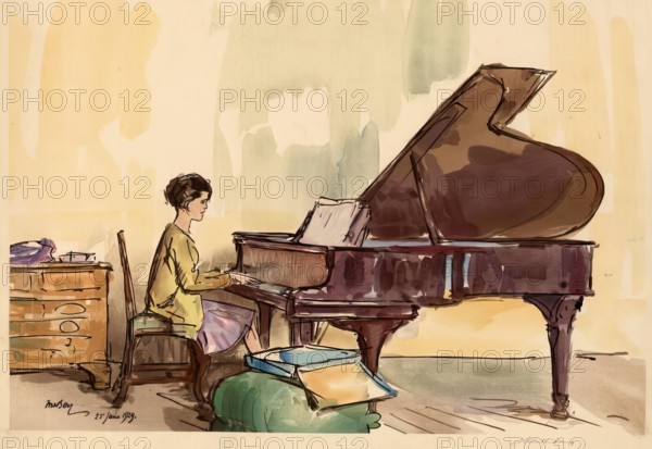 Girl Playing a Piano. Creator: Urushibara Mokuchu.
