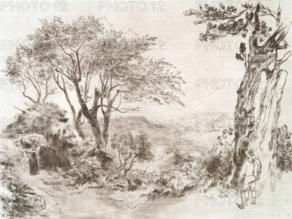 View on a Hill, with Trees and Figures, c1820s. Creator: Andrew Geddes.