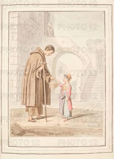 Charity of Procida, leaf from 'A Collection of Dresses by David Allan Mostly from Nature', 1776. Creator: David Allan.