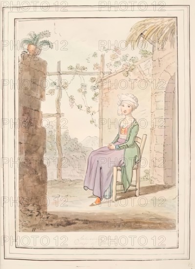 Saturdays Head Dress of Procida, leaf from 'A Collection of Dresses by David Allan..., 1776. Creator: David Allan.