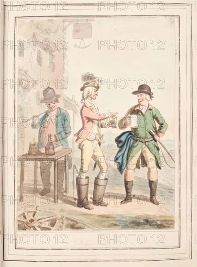 Three Couriers, leaf from 'A Collection of Dresses by David Allan Mostly from Nature', 1776. Creator: David Allan.
