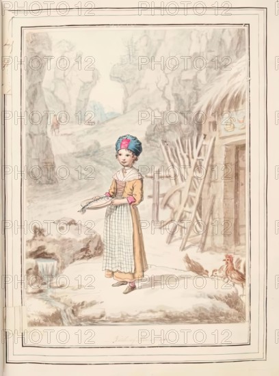 Girl of the Alps, leaf from 'A Collection of Dresses by David Allan Mostly from Nature', 1776. Creator: David Allan.
