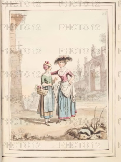 Girls of Parma and Cremona, leaf from 'A Collection of Dresses by David Allan Mostly from..., 1776. Creator: David Allan.