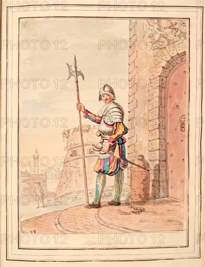 Pope's Swiss Guard, leaf from 'A Collection of Dresses by David Allan Mostly from Nature', 1776. Creator: David Allan.