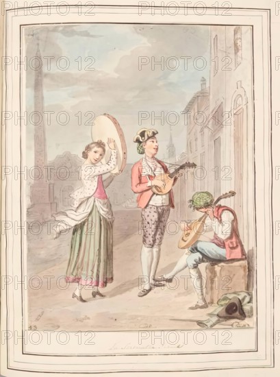 La Serenatta, Rome, leaf from 'A Collection of Dresses by David Allan Mostly from Nature', 1776. Creator: David Allan.