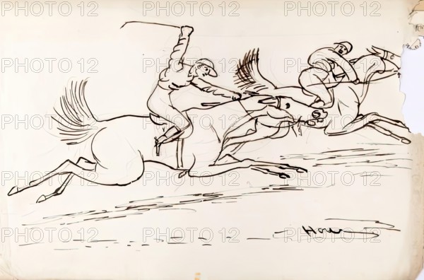 Two Jockeys Riding Horses, 1825-1839. Creator: James Howe.