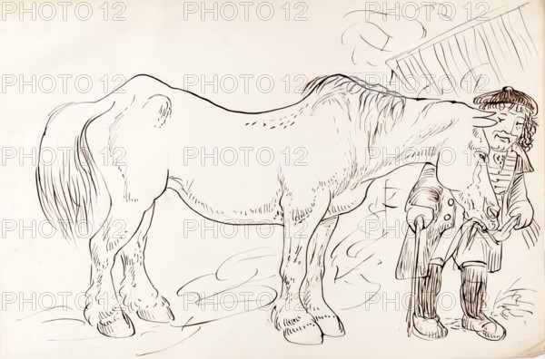 A Groom Feeding His Horse, 1825-1839. Creator: James Howe.