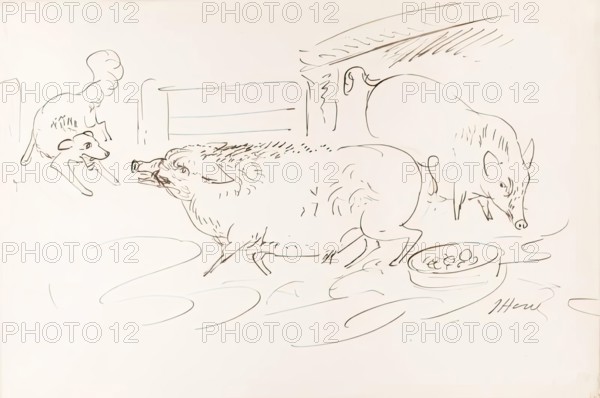 Two pigs and a dog, 1825-1839. Creator: James Howe.