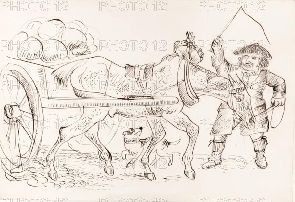 A man pulling a horse-drawn cart, 1825-1839. Creator: James Howe.