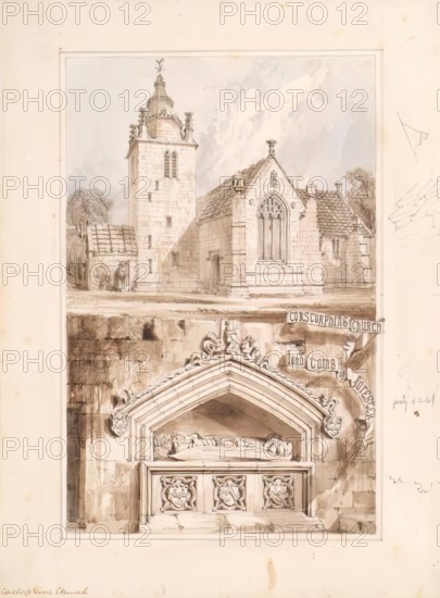 Corstorphine Church - Exterior and Forester's Tomb, 1848-1852. Creator: Robert William Billings.
