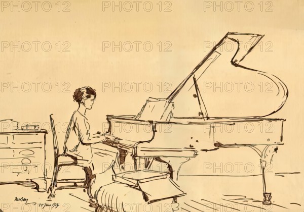 Girl Playing a Piano. Creator: Urushibara Mokuchu.