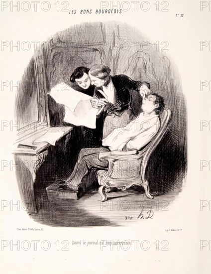 Les Bons Bourgeois - Quand le journal est trop interessant, 1846.  Creator: Honore Daumier.