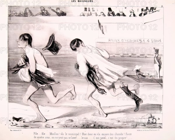 Les Baigneurs. File... File... Moellon! v. le Municipal..., 1839. Creator: Honore Daumier.