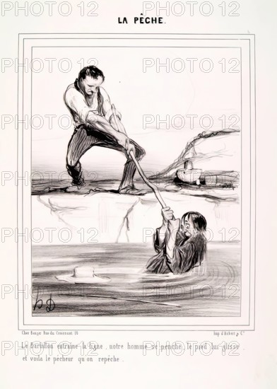 La Pêche. Le Barbillon entraine la ligne.., 1840. Creator: Honore Daumier.