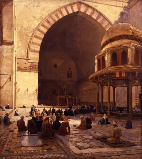 The Hour of Prayer - Interior of the Mosque Sultan Hassan, Cairo, 1888. Creator: Joseph Farquharson.