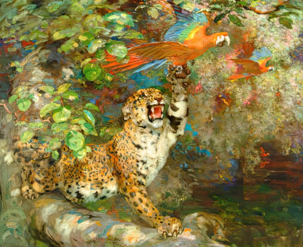 A Jaguar and Macaws (or 'Just Missed' or 'On The Banks of The Orinoco), 1900-1924. Creator: William Walls.