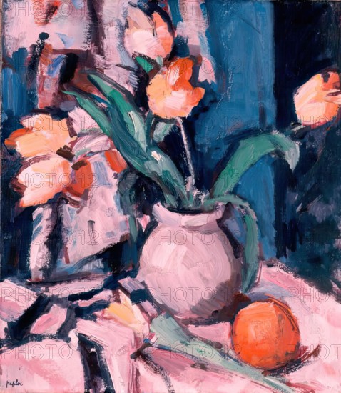 Tulips in a Brown Jar, 1933. Creator: Samuel John Peploe.