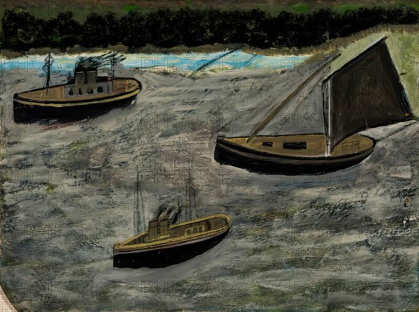 Three Boats Off The Shore, c1935. Creator: Alfred Wallis.
