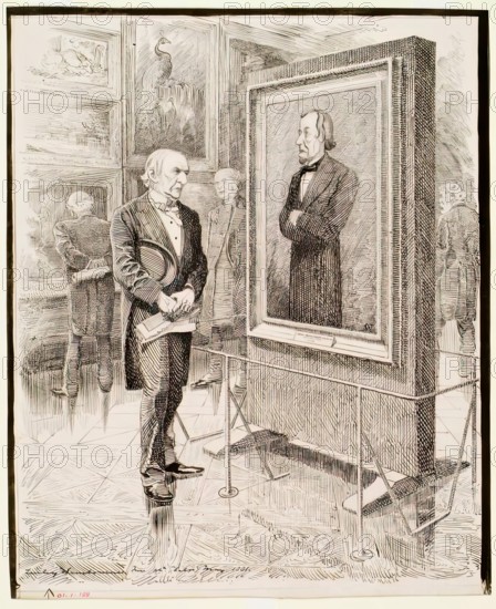 W.E. Gladstone Looking at a Portrait of Disraeli, Lord Beaconsfield, by Sir J.E. Millais, 1881. Creator: Edward Linley Sambourne.
