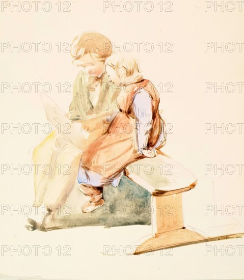 Boy and Girl on a Bench, c1840-1867. Creator: John Phillip.