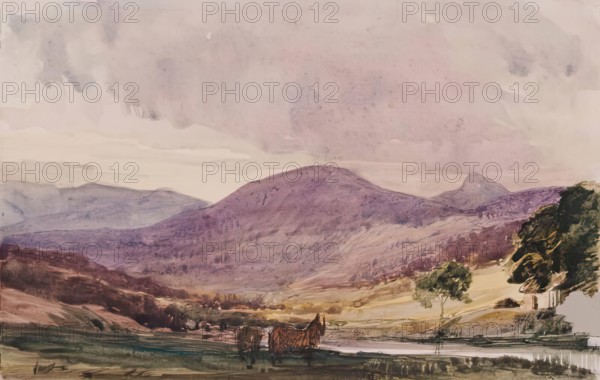 Landscape of Hills, Cottage and Two Horses, c1840s. Creator: John Phillip.