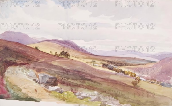 Landscape of Mountains and Cottage in Distance, c1840s. Creator: John Phillip.