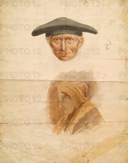 Head of an Old Man and Head of a Woman, c1840-1867. Creator: John Phillip.