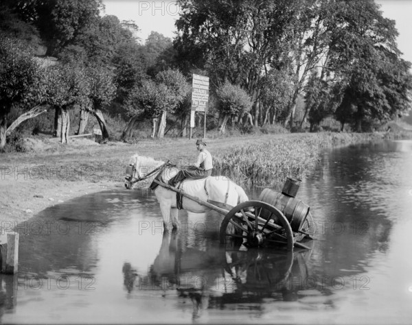 A boy with a horse drawn water cart, filling up in the River Thames, Shiplake, Oxfordshire,1860-1922 Creator: Henry Taunt.