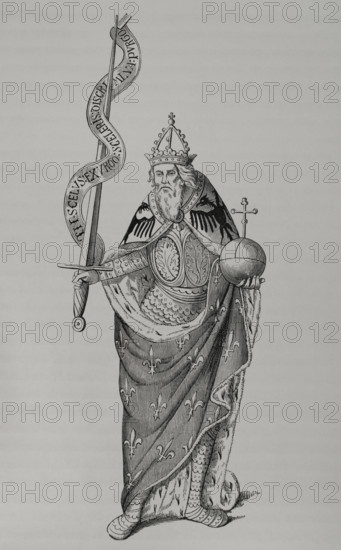 Charlemagne holding the globus cruciger in one hand and the sword in the other, 1878.  Creator: Unknown.