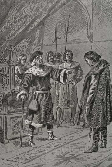 Prince Charles of Viana before his father, King John II of Aragon, in Lérida (Lleida), 1460 (1890).  Creator: Unknown.