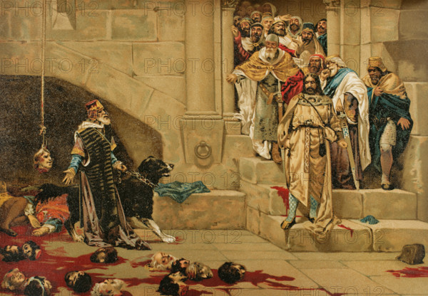 Scene depicting the legend of the Bell of Huesca, or Legend of the Monk King, (1889).  Creator: Unknown.