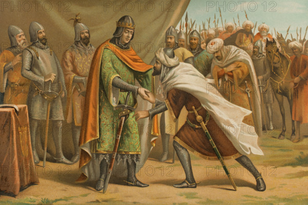 Muhammad I (1194-1273) kissing the hand of the King of Castile, March 1246, (1890).  Creator: Unknown.