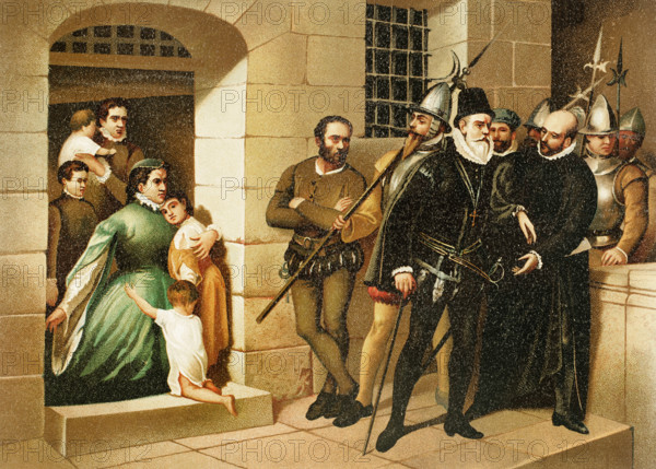 Philip II, King of Spain (1556-1598) visiting the prison of the family of Antonio Pérez..., 1890.  Creator: Unknown.