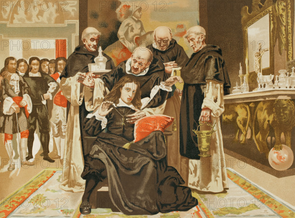 Charles II at the moment of exorcism, 1890.  Creator: Unknown.