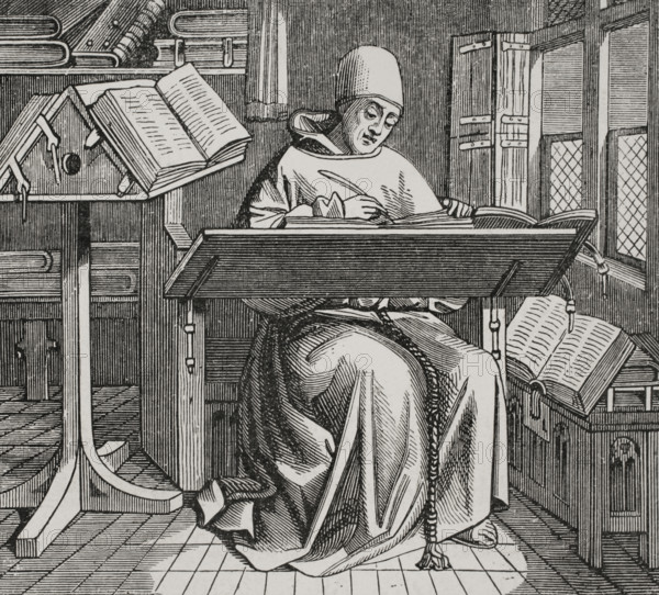 Scribe or copyist, surrounded by open books, working at his desk, 15th century, (1877).  Creator: Unknown.