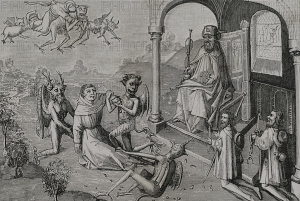 The Magician Hermogenes orders the devils, in the presence of the pilgrims to...15th century (1877). Creator: Unknown.